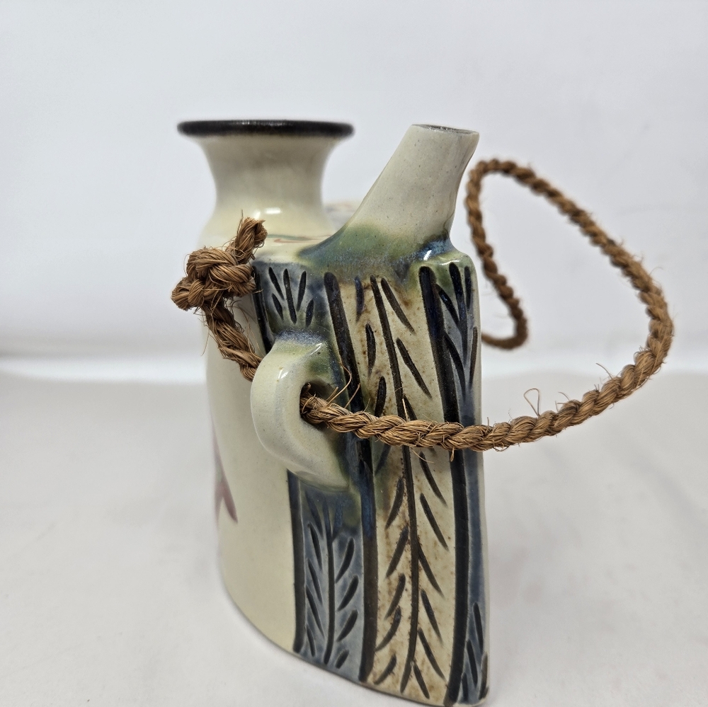 Japenese Okinawa Ceramic Showa Period Awamori Sake Hip Flask Dachibin Handmade - Picture 7 of 16